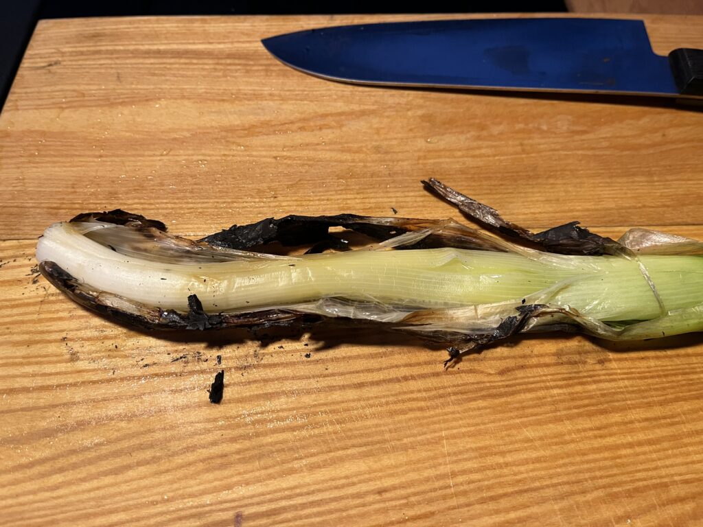 焚き火で黒く焼いた長ネギの黒い皮を切開して中の白い部分が出てきた様子