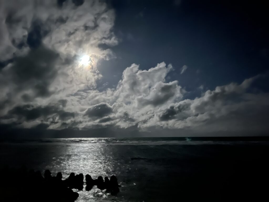 雲から顔を出した月に照らされる海の様子
