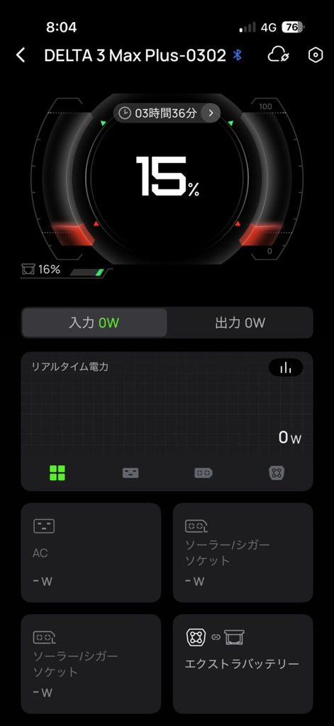 WAVE 3を約17時間使用したあとのDELTA 3 Max Plus本体15%とエクストラバッテリー16%の残量表示
