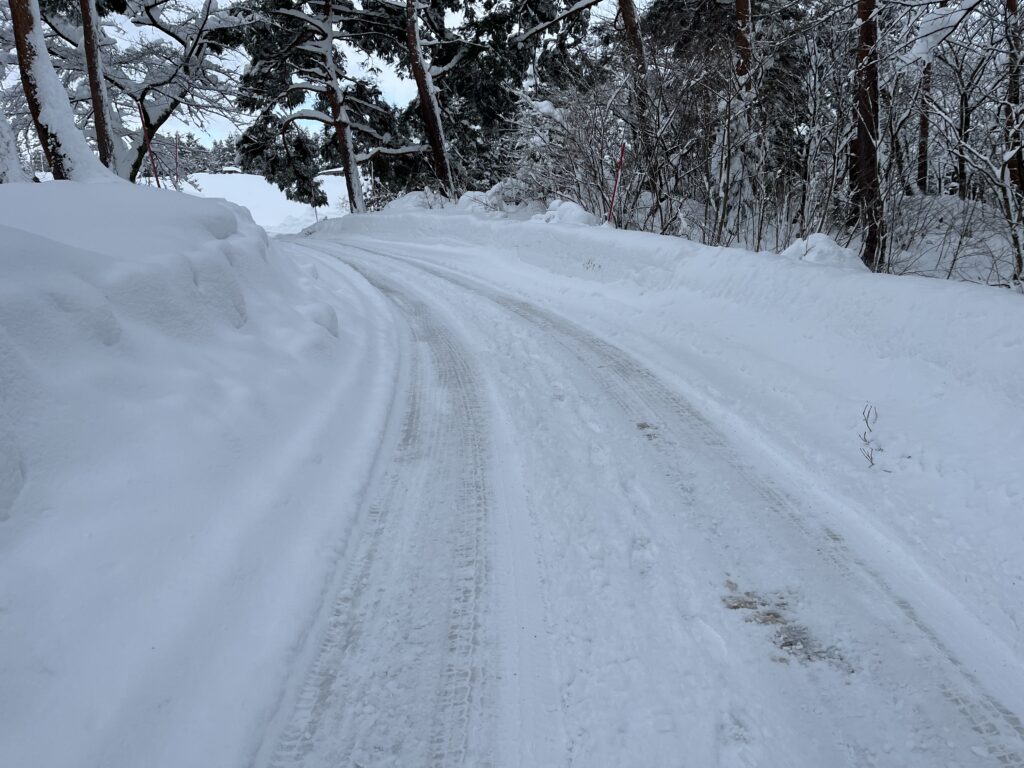 先に入った車のタイヤ跡を頼りに、車を走らせている様子