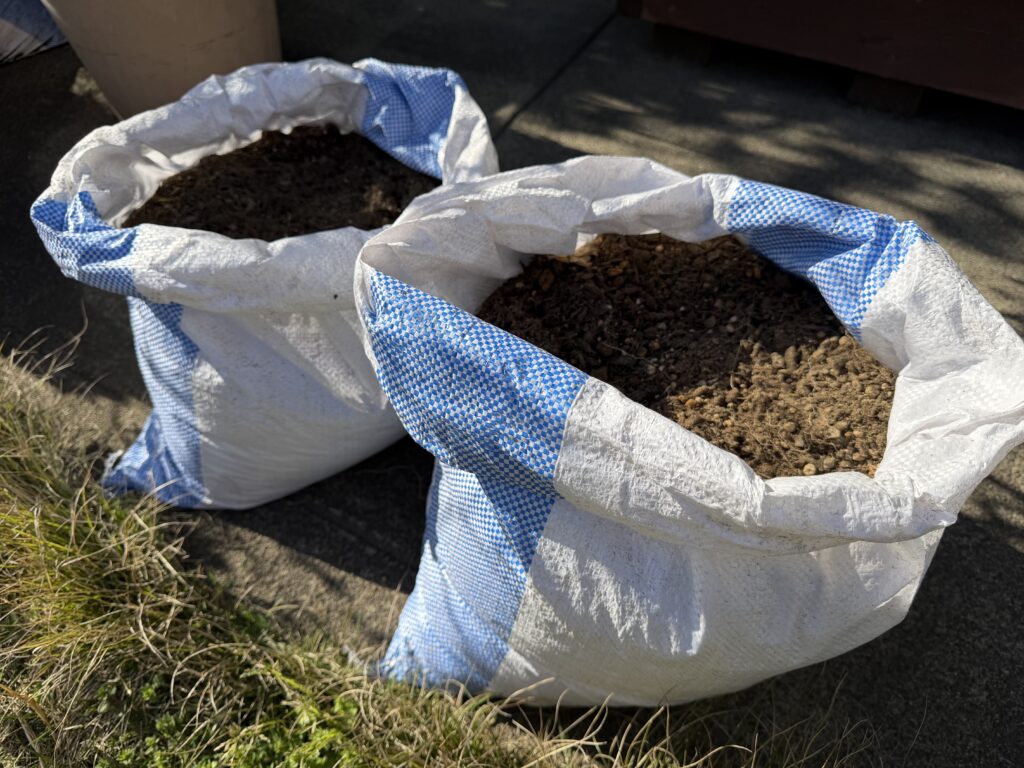 植え付け完了した土嚢袋が2つ並んでいる様子