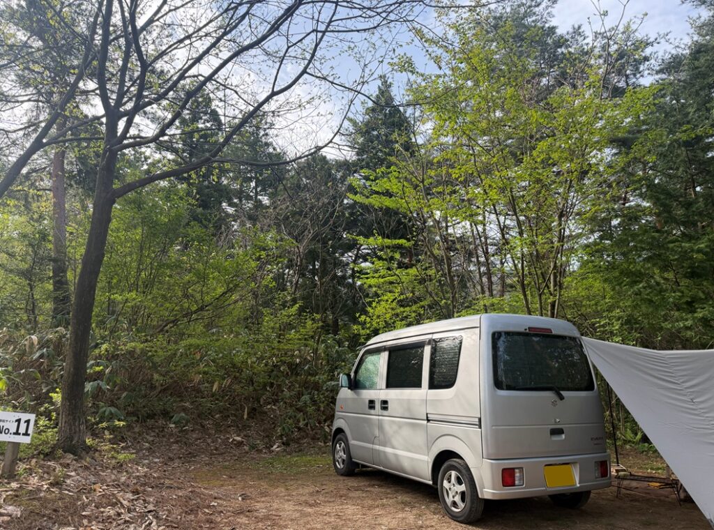 朝のキャンプ場で、森に囲まれたサイトに停めたエブリイとタープを眺めながらトイレへ向かう様子