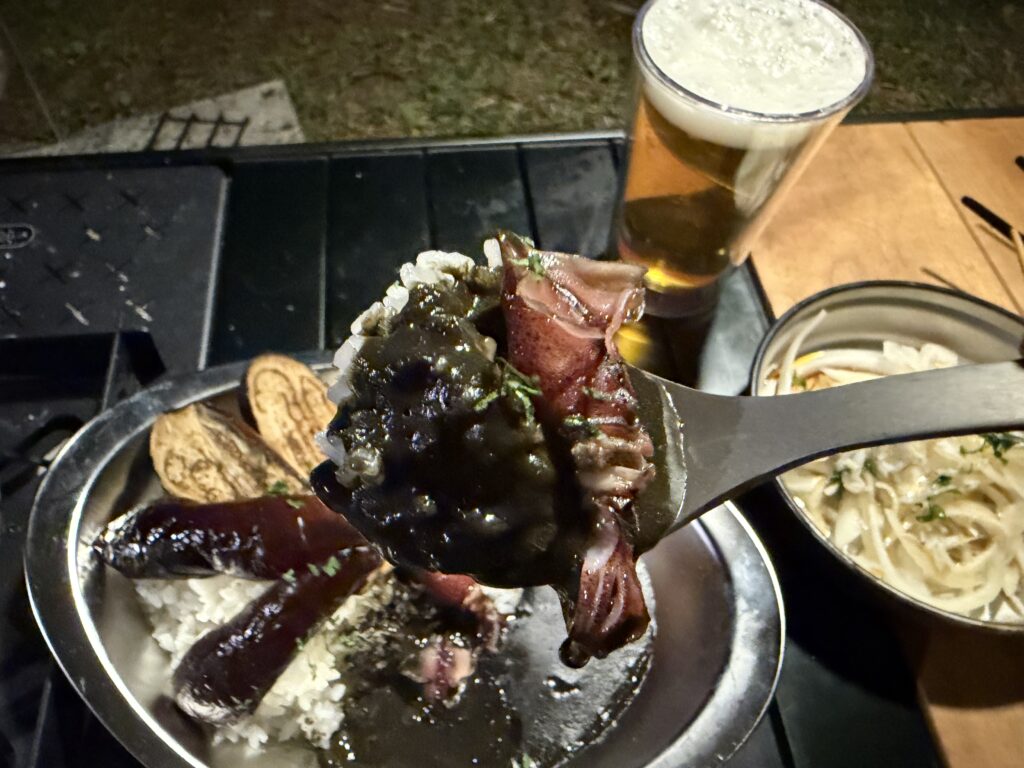 スプーンですくったホタルイカと黒いカレー、奥にビールとサラダを並べたキャンプ飯