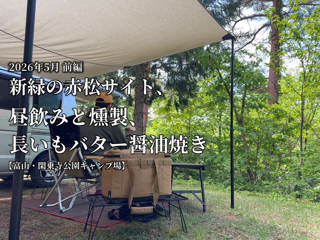 新緑に囲まれた閑乗寺公園キャンプ場の赤松サイトで、エブリイ横にカーサイドタープを張り、チェアに座ってくつろぐ様子