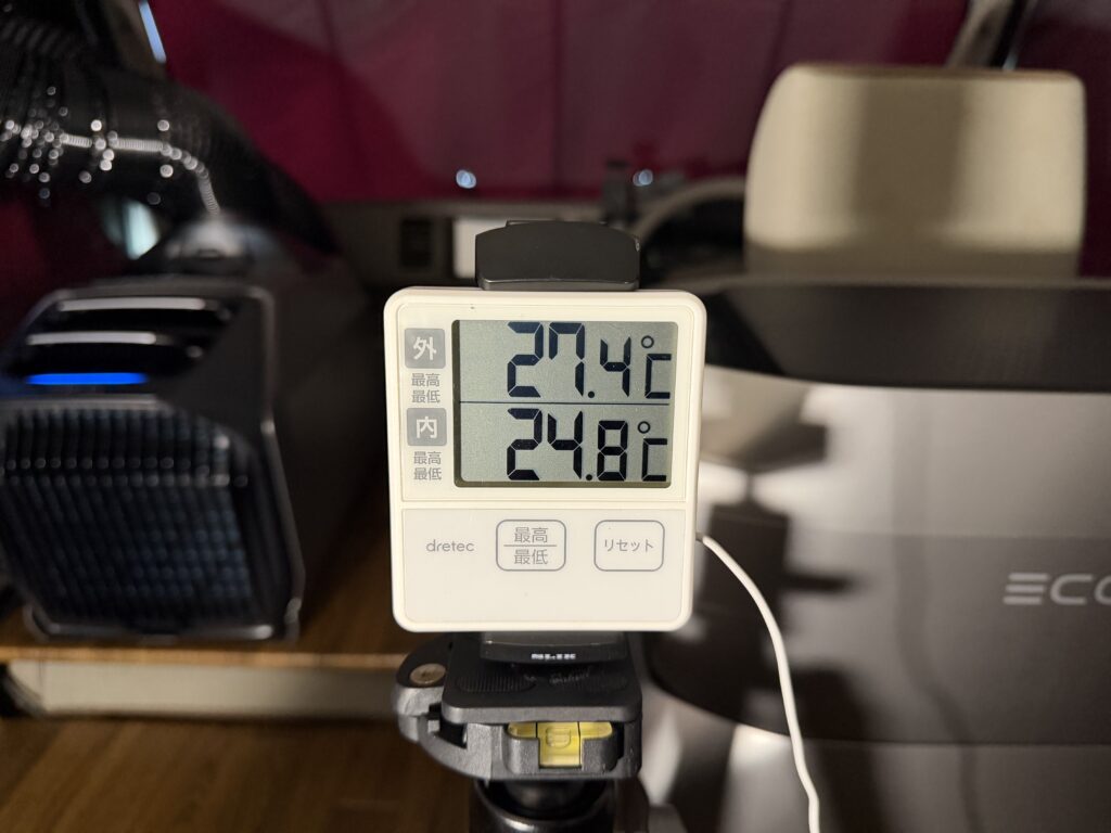 EcoFlow WAVE 3の運転開始約1時間後に車外27.4℃、車内24.8℃を表示している温度計