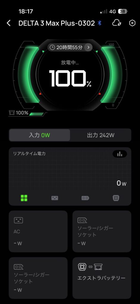 EcoFlow WAVE 3の運転開始時に残量100％を表示したDELTA 3 Max Plusのアプリ画面