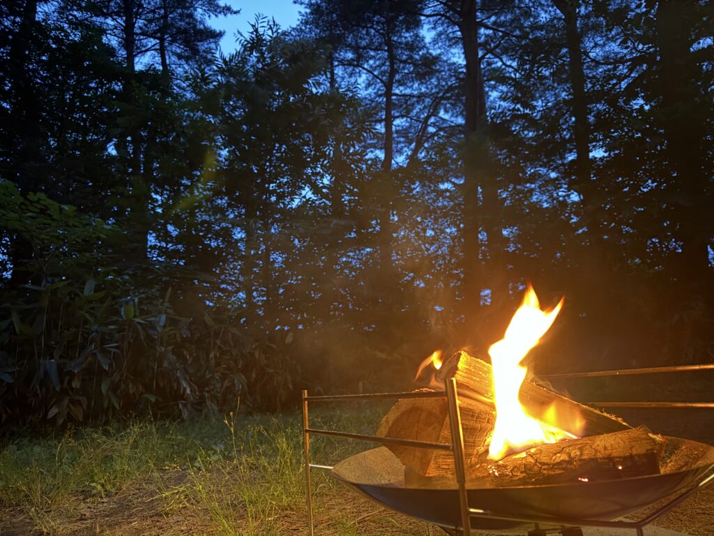 青く染まった夕暮れの森を背景に、焚き火台で薪が燃えている様子