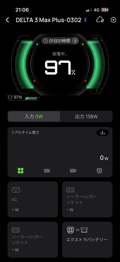 夜のEcoFlow WAVE 3運転開始時に残量97％を表示したDELTA 3 Max Plusのアプリ画面