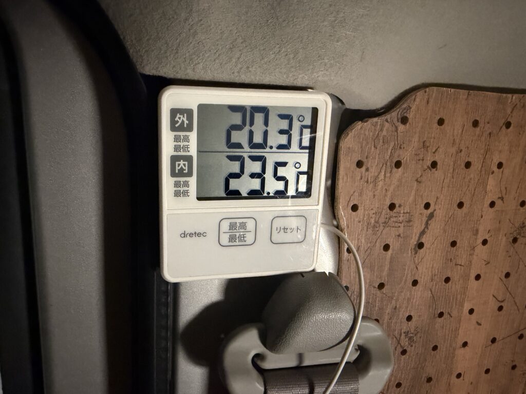 22時47分に外気温20.3℃、車内温度23.5℃を表示した車内外温度計