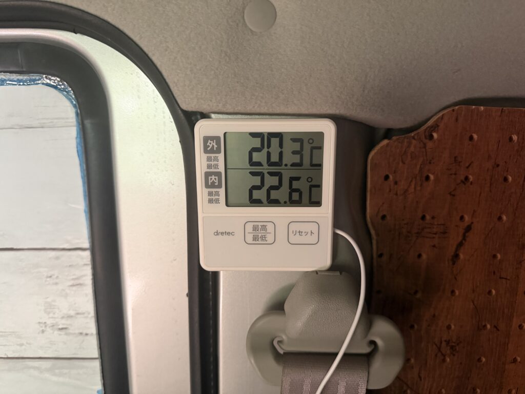 翌朝7時30分に外気温20.3℃、車内温度22.6℃を表示した車内外温度計