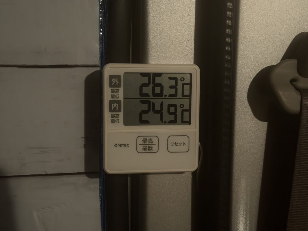 エコモードへ切り替えた時点の車内温度24.9℃と外気温26.3℃を表示した温度計