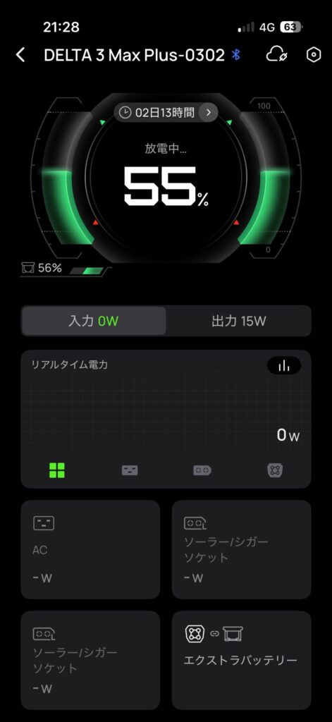 就寝前の21時28分にDELTA 3 Max Plus本体55％とエクストラバッテリー56％を表示したアプリ画面