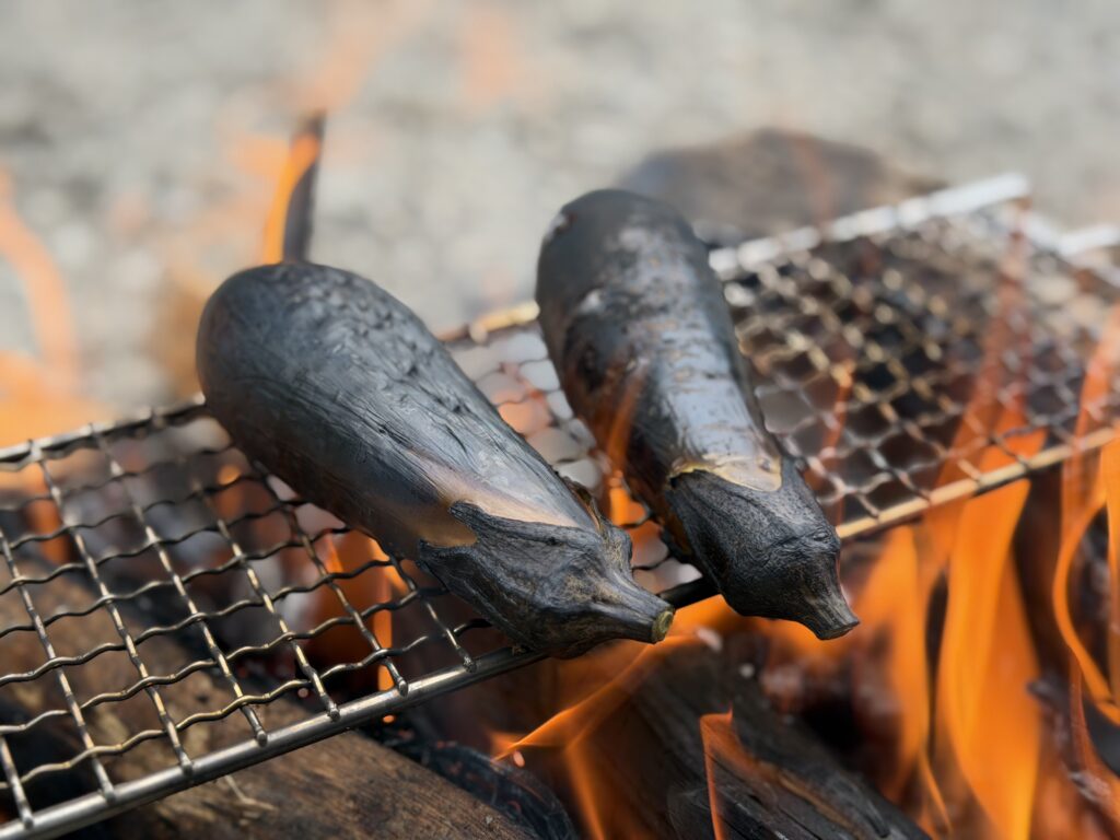 竹串で数か所に穴を開けた朝採れナスを直火の網で丸ごと焼く様子