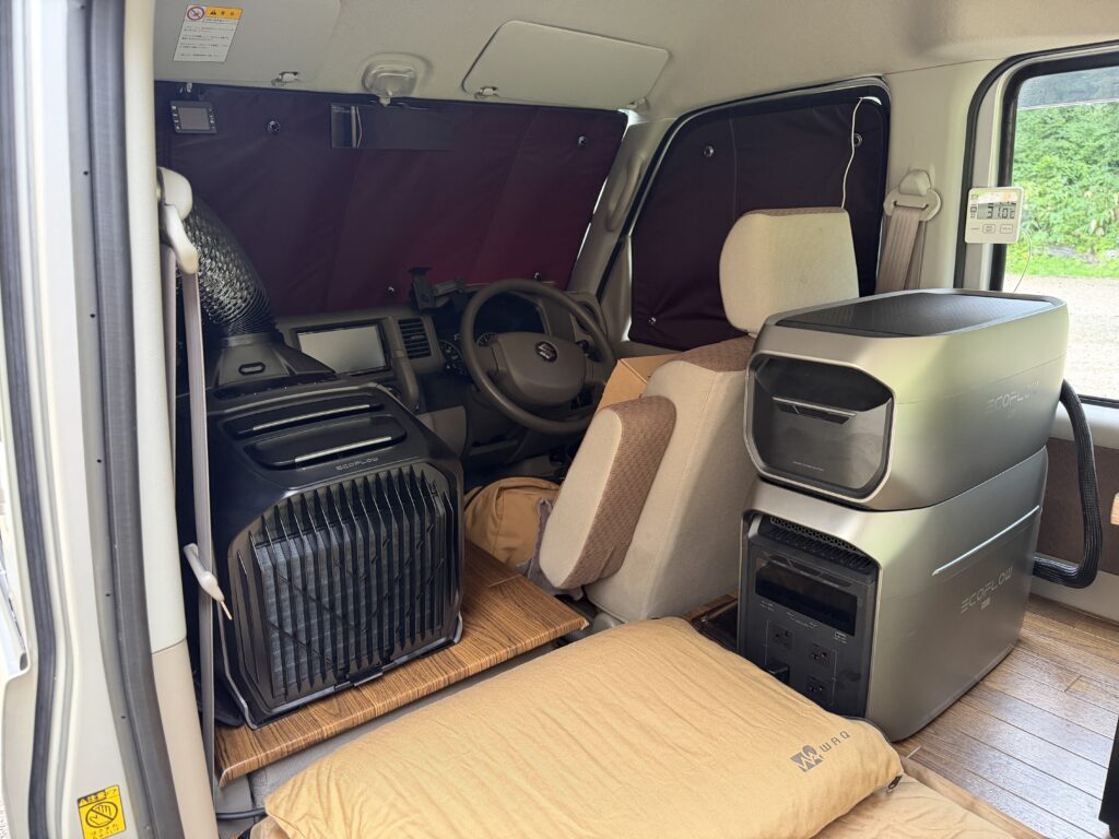 8月の車中泊キャンプでエブリイ車内に設置したEcoFlow WAVE 3とDELTA 3 Max Plus
