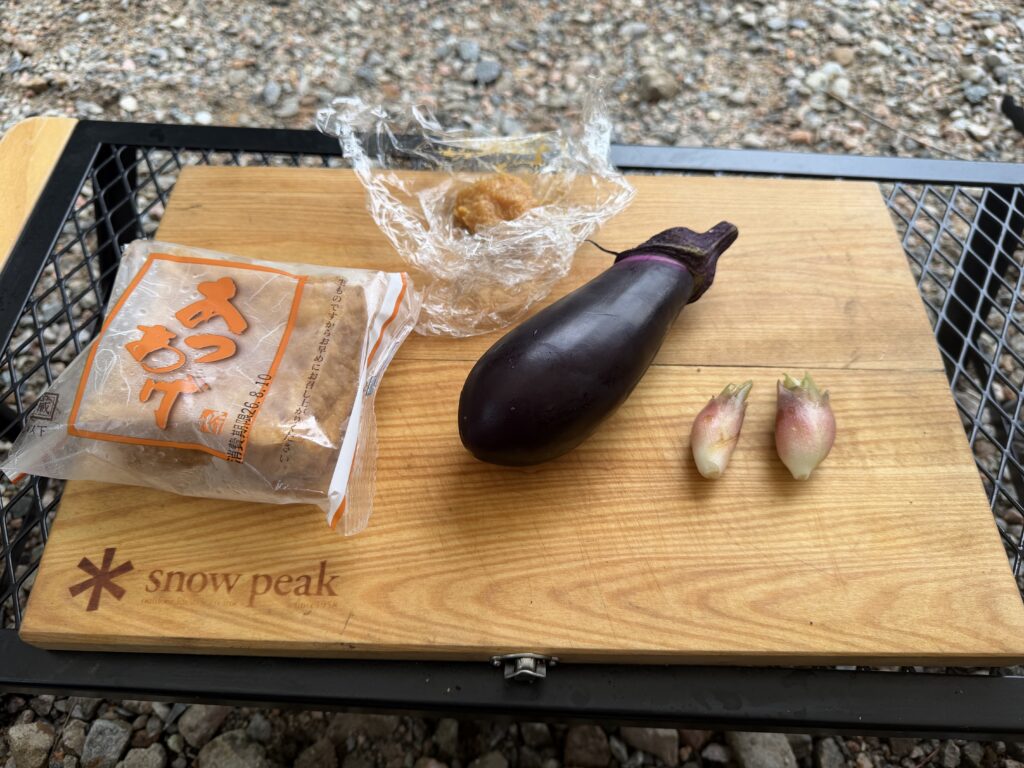 厚揚げと家庭菜園のナス、ミョウガ、味噌をまな板に並べた様子