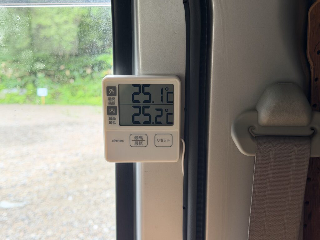 翌朝7時ごろの外気温25.1℃とエブリイ車内温度25.2℃