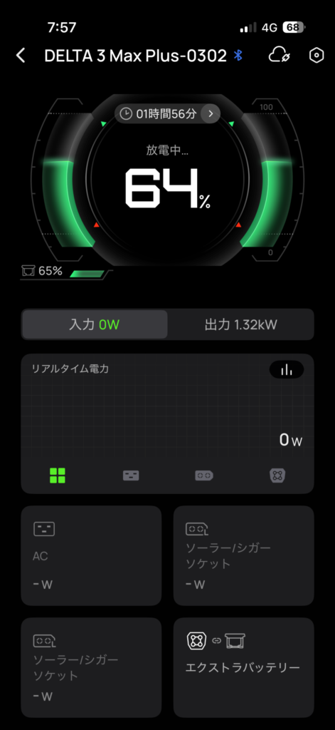 翌朝のIHコンロ使用中に出力1.32kWを表示したDELTA 3 Max Plus