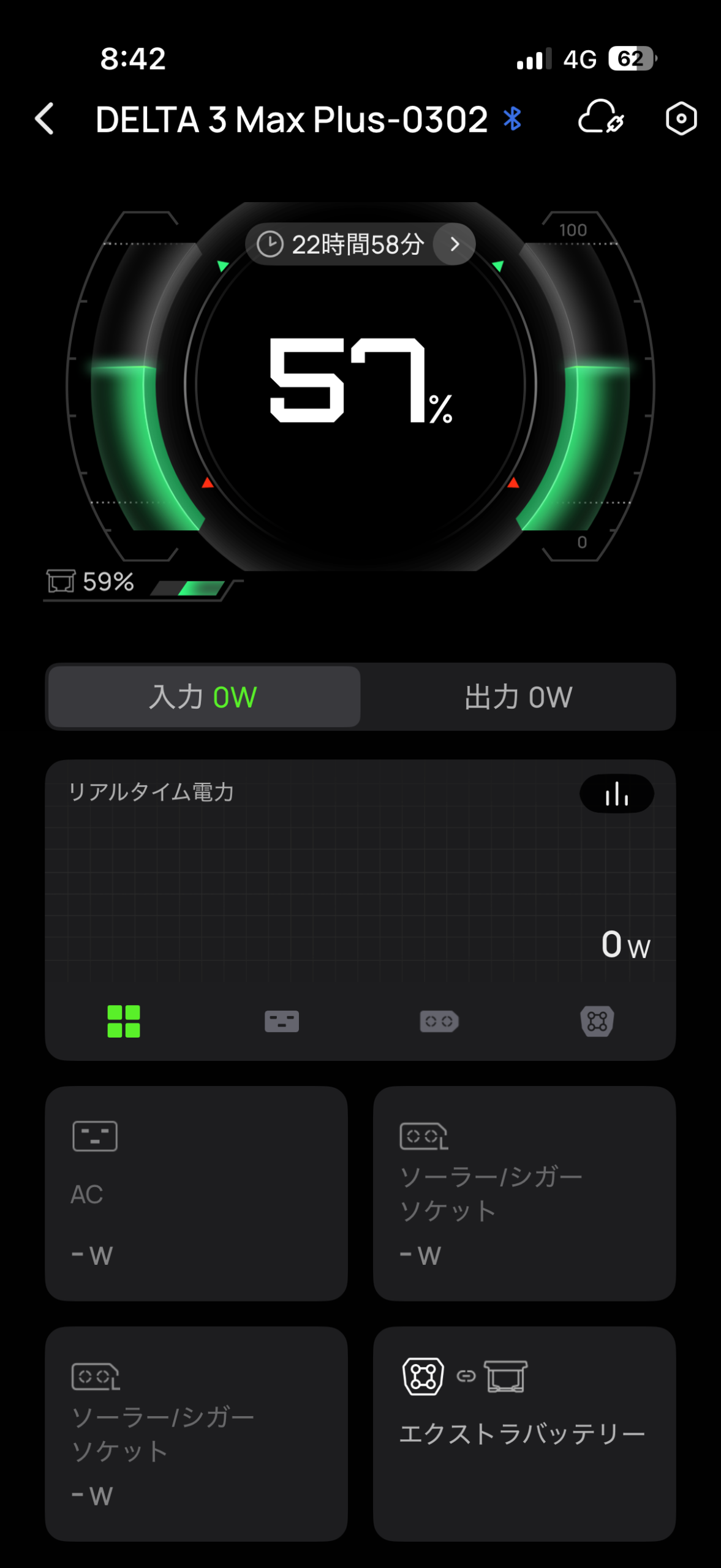WAVE 3停止時に本体57％とエクストラバッテリー59％を表示したDELTA 3 Max Plus