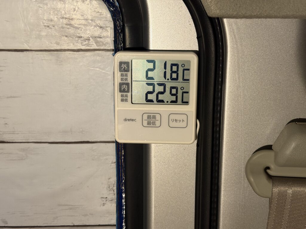 朝の外気温21.8℃と車内温度22.9℃を表示するエブリイの温度計