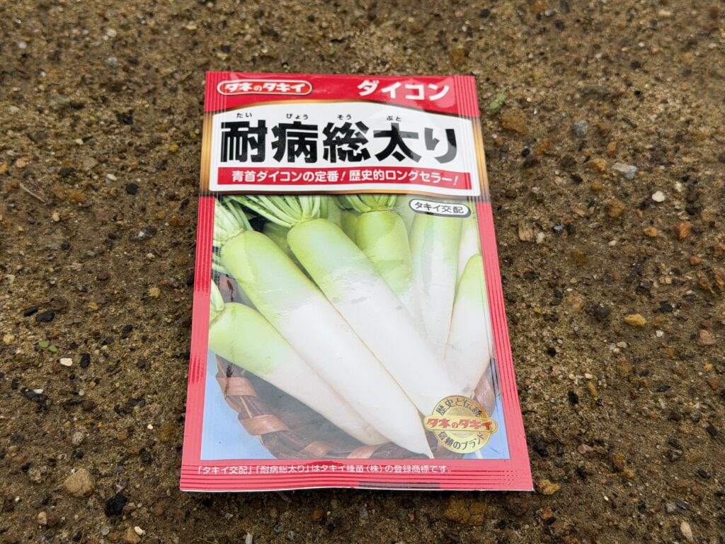  今回栽培するダイコン「耐病総太り」の種袋