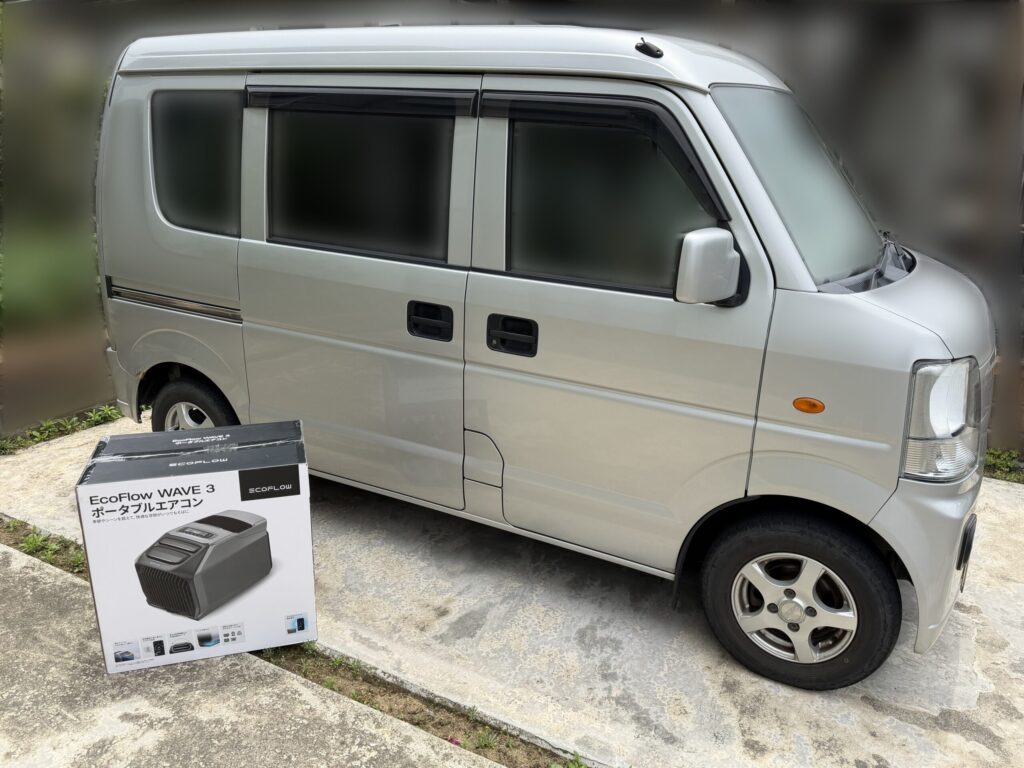 エブリイの横に置いたEcoFlow WAVE 3の外箱