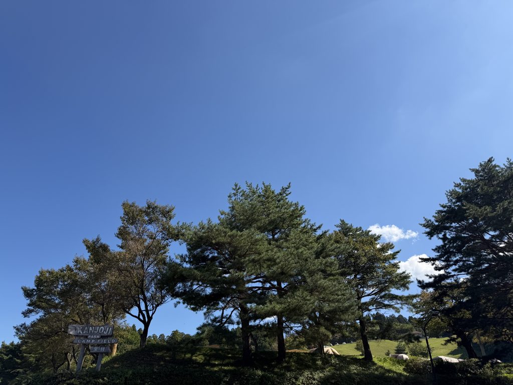 青空の下に立つ閑乗寺公園キャンプ場の看板と木々