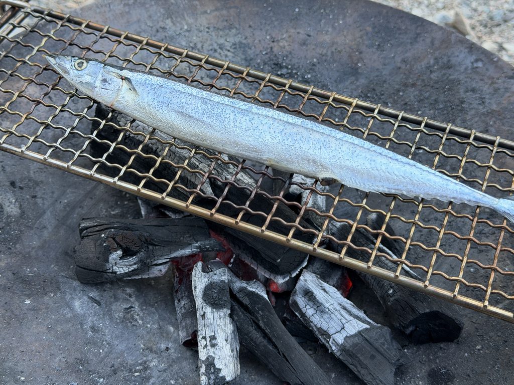 焚き火台の網にサンマを載せて炭火で焼く様子
