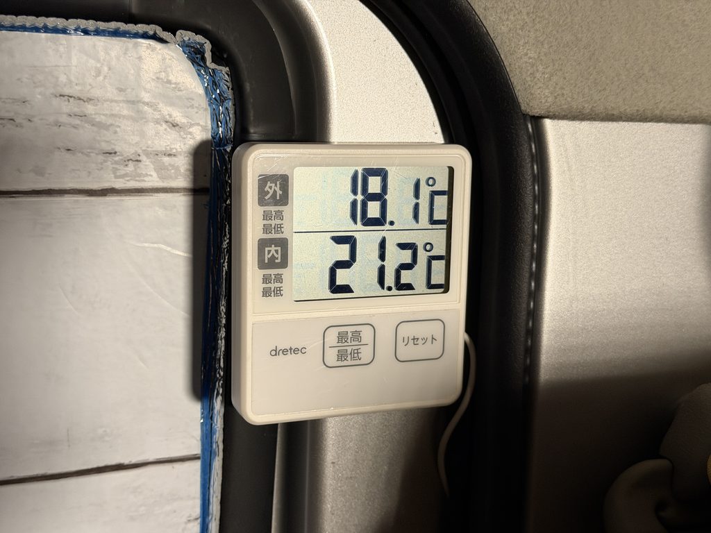 就寝前に外気温18.1℃、車内温度21.2℃を表示する温度計