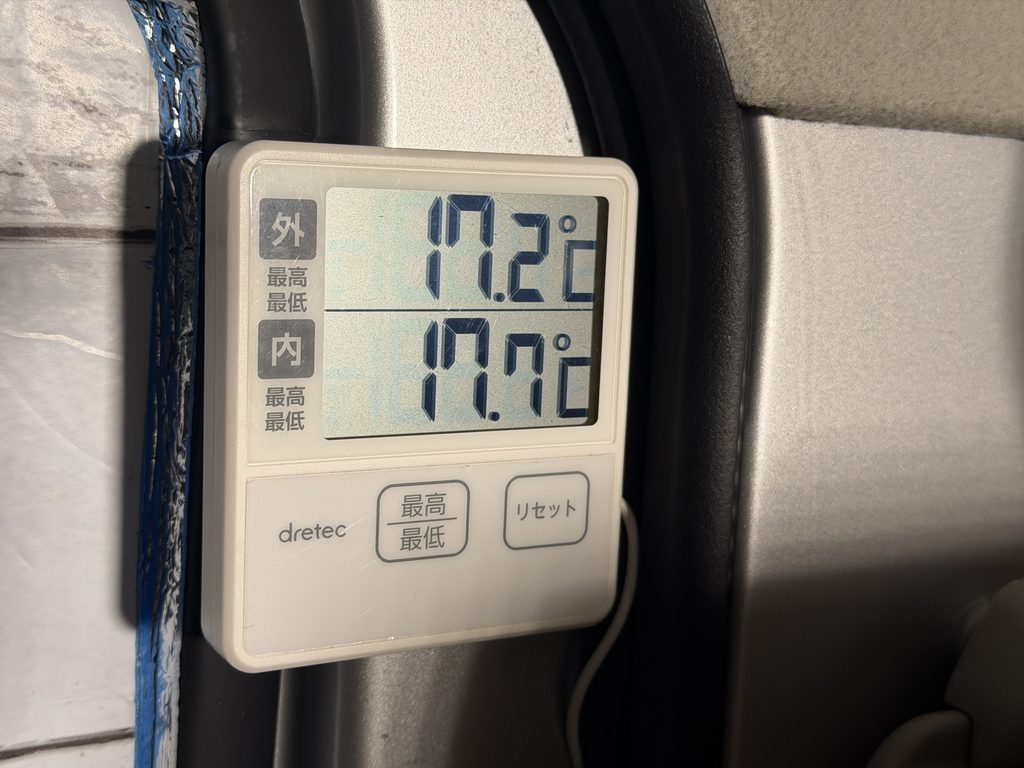 翌朝7時30分に外気温17.2℃、車内温度17.7℃を表示する温度計